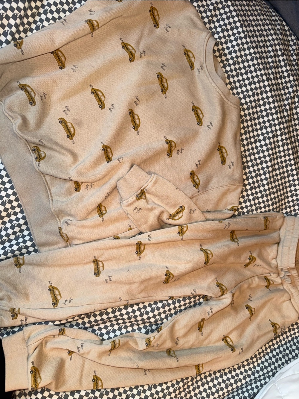 Rylee + Cru: Beige Car-Print Sweatshirt & Joggers Set